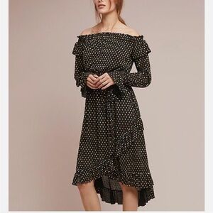 Shoshanna Black and Gold Asymmetrical Ruffled Sundress